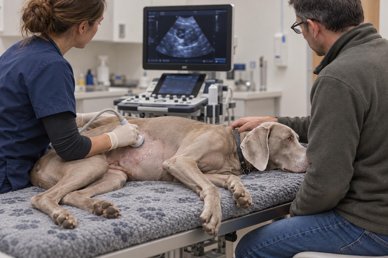 Veterinár vykonáva zobrazovacie vyšetrenie prostaty staršieho psa